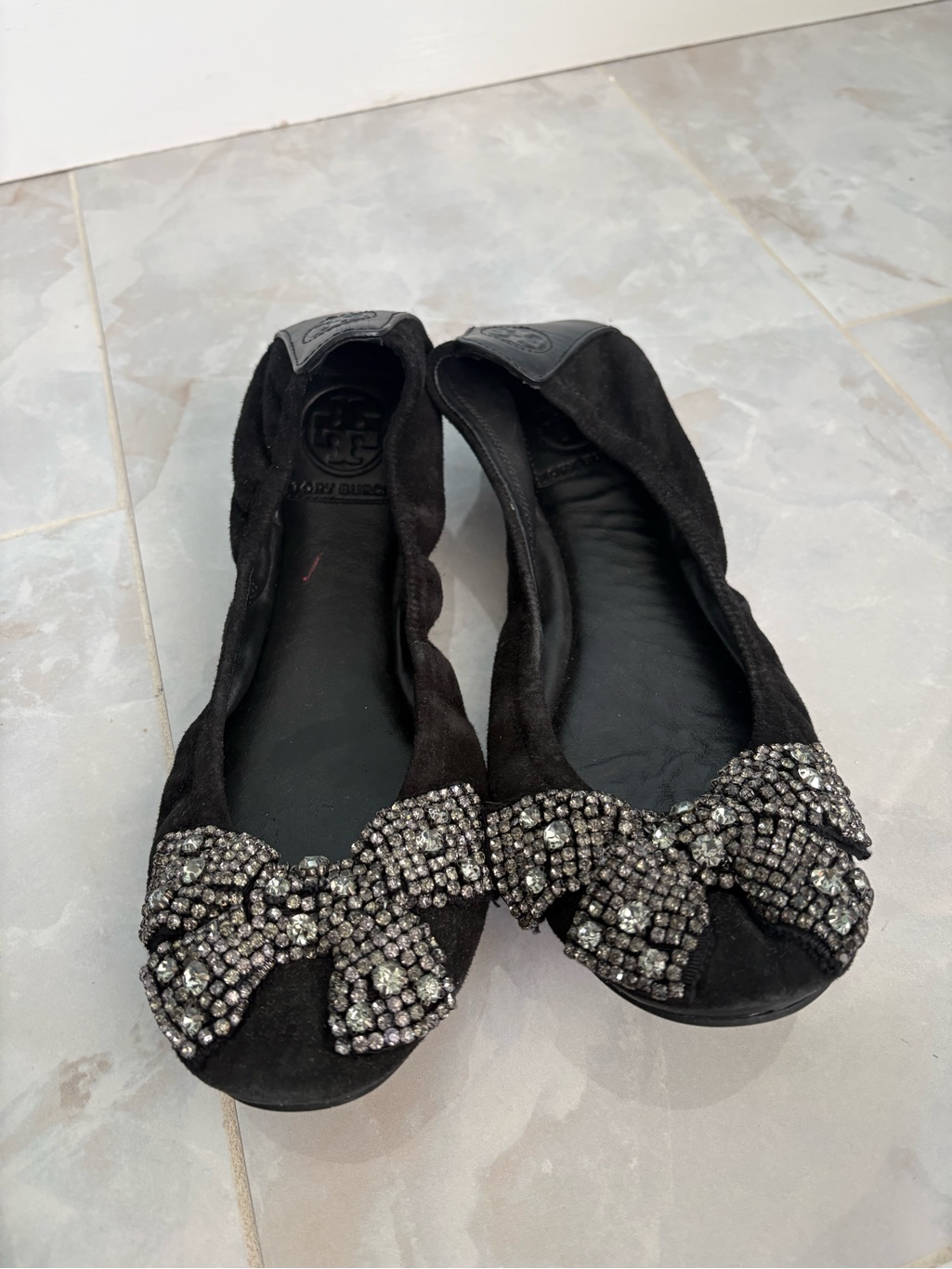 Tory Burch Black Suede Ballet Flats With Jeweled Bow